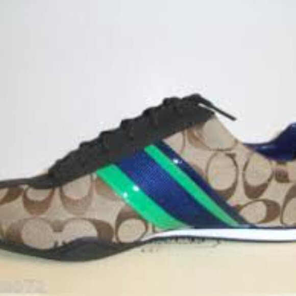 Coach Shoes - Coach Men's Brown and Black Sneakers with Green Stripe Size 8.5